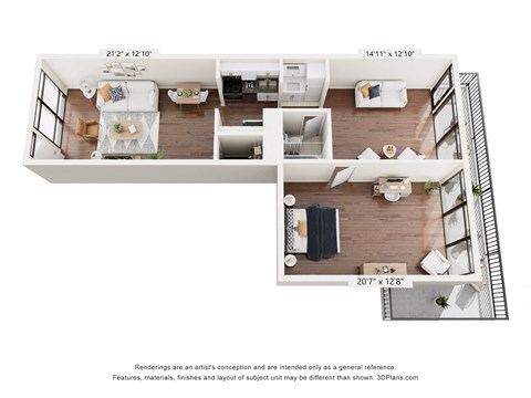 Floor plan for 1 bed, 1 bath, 880 sqft